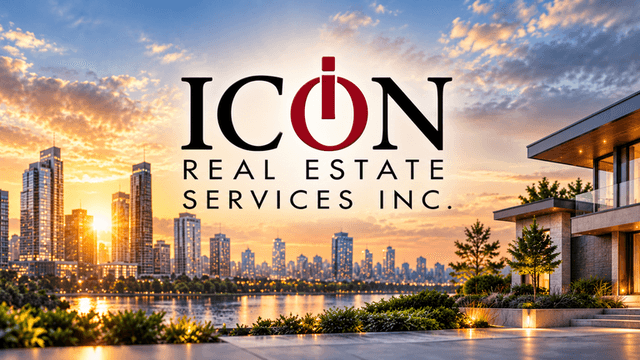 City skyline at sunset with modern architecture and logo for Icon Real Estate Services Inc