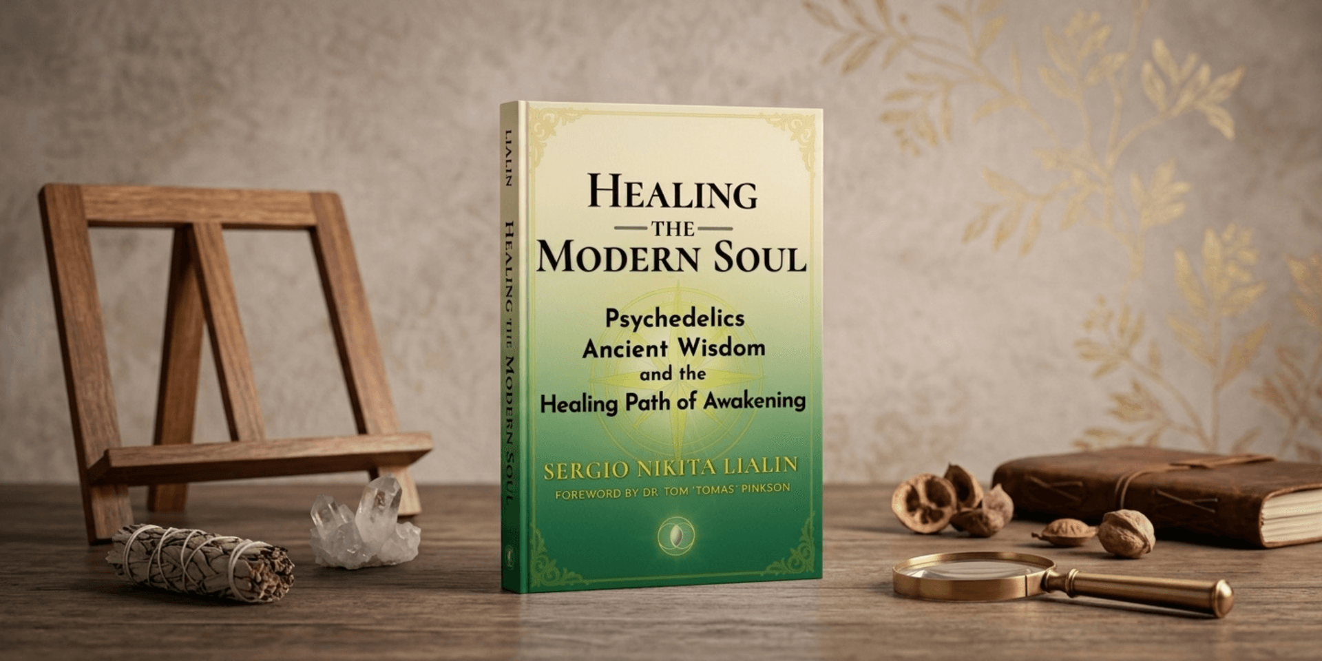 A book titled "Healing the Modern Soul" is displayed on a decorative table.