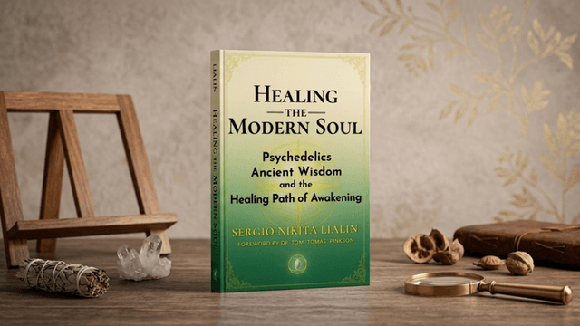 A book titled "Healing the Modern Soul" is displayed on a decorative table.