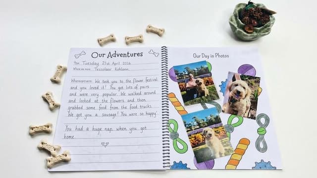 A scrapbook page with handwritten text and photos of a dog and flowers