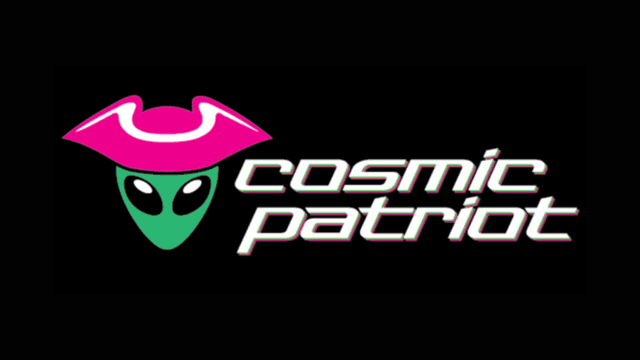 Logo featuring an alien with a pink pirate hat and the text "cosmic patriot"