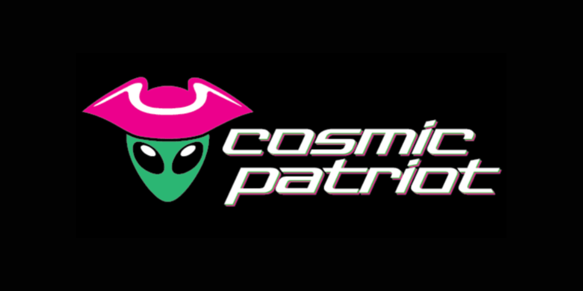 Logo featuring an alien with a pink pirate hat and the text "cosmic patriot"