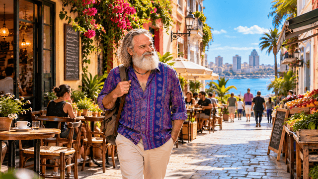 Older man walking through a vibrant street filled with flowers and shops by the sea