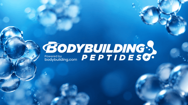 Abstract blue background with bubbles and the text Bodybuilding Peptides logo centered.