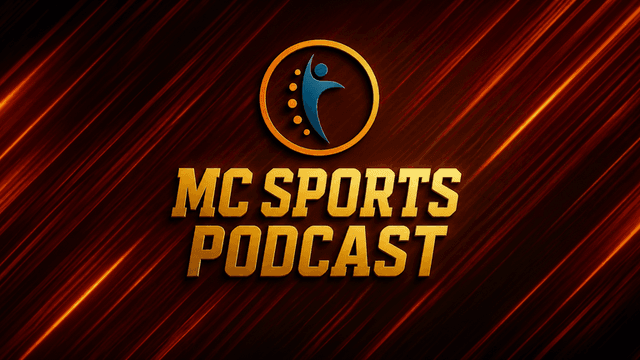 Logo for MC Sports Podcast with a dynamic red and gold background design