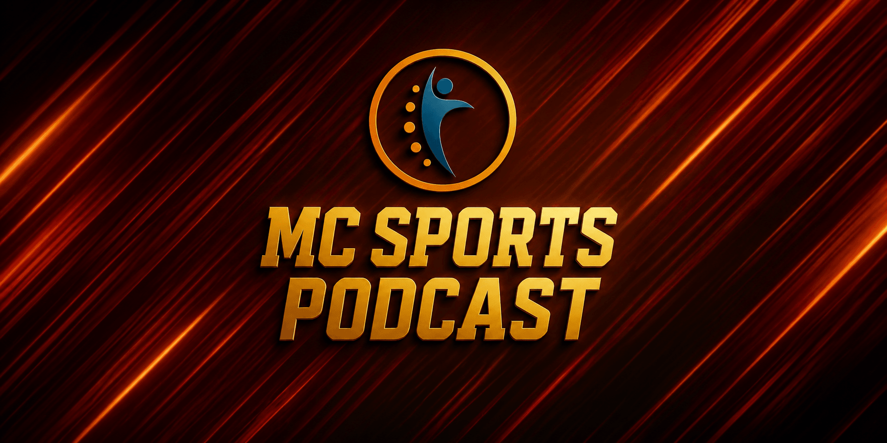Logo for MC Sports Podcast with a dynamic red and gold background design