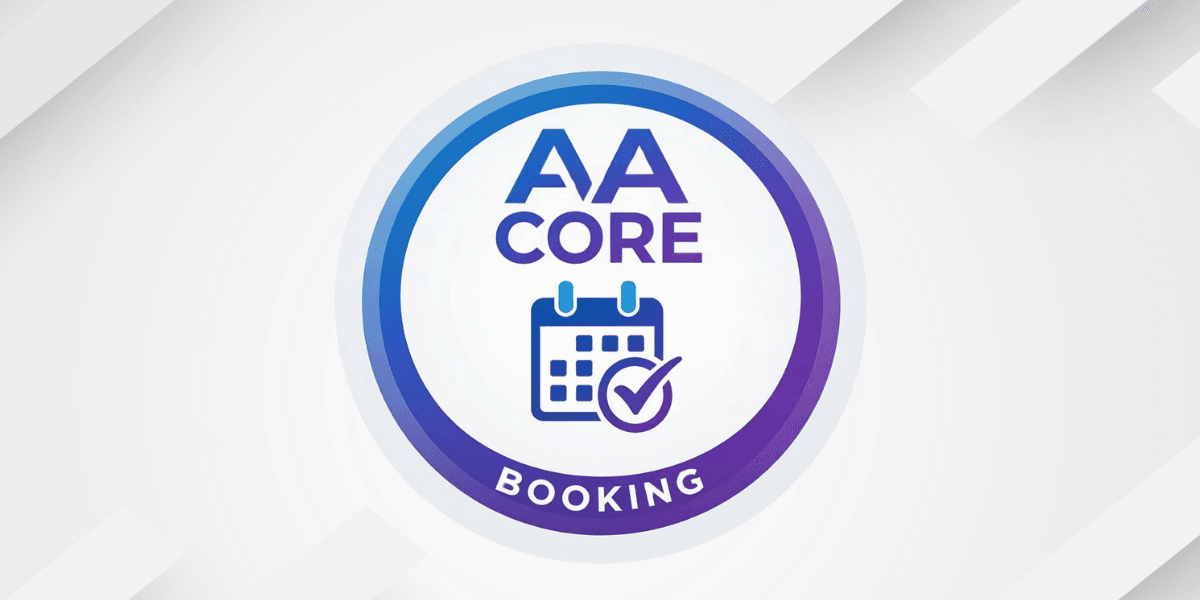 Logo for AA Core Booking featuring a calendar and checkmark design