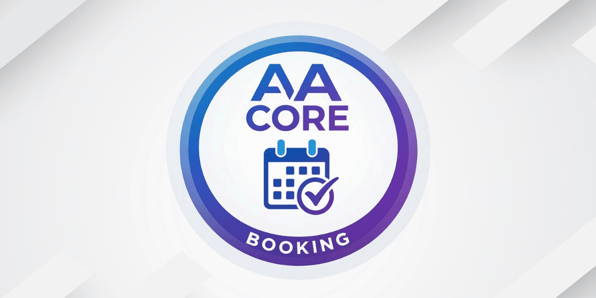Logo for AA Core Booking featuring a calendar and checkmark design