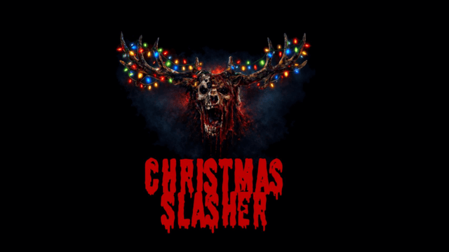 A skull adorned with Christmas lights and antlers, blood dripping, title "Christmas Slasher" below