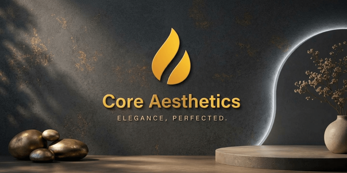 Logo of Core Aesthetics featuring a golden flame on a textured background