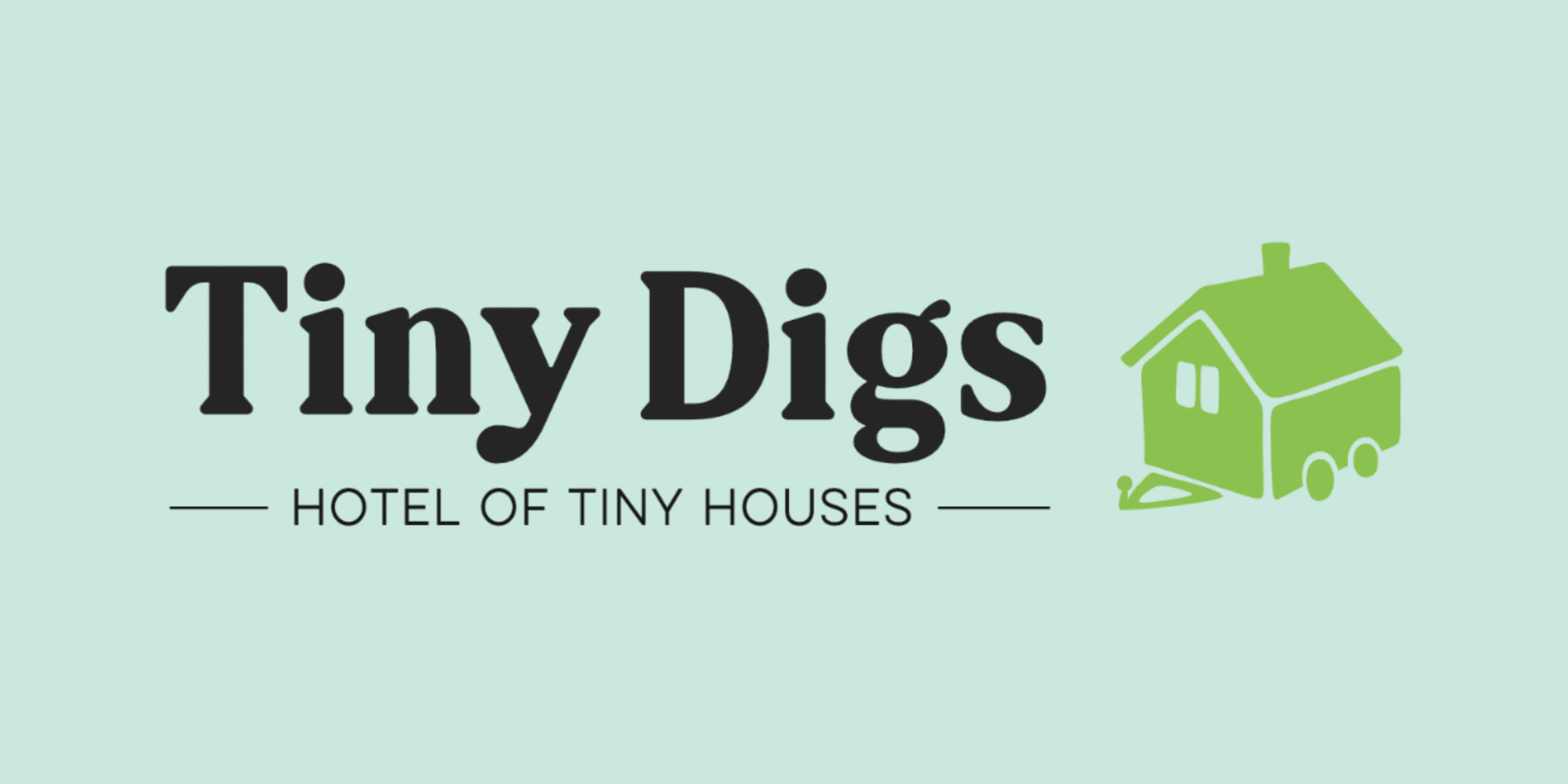 Logo for Tiny Digs, featuring a tiny house illustration and hotel tagline