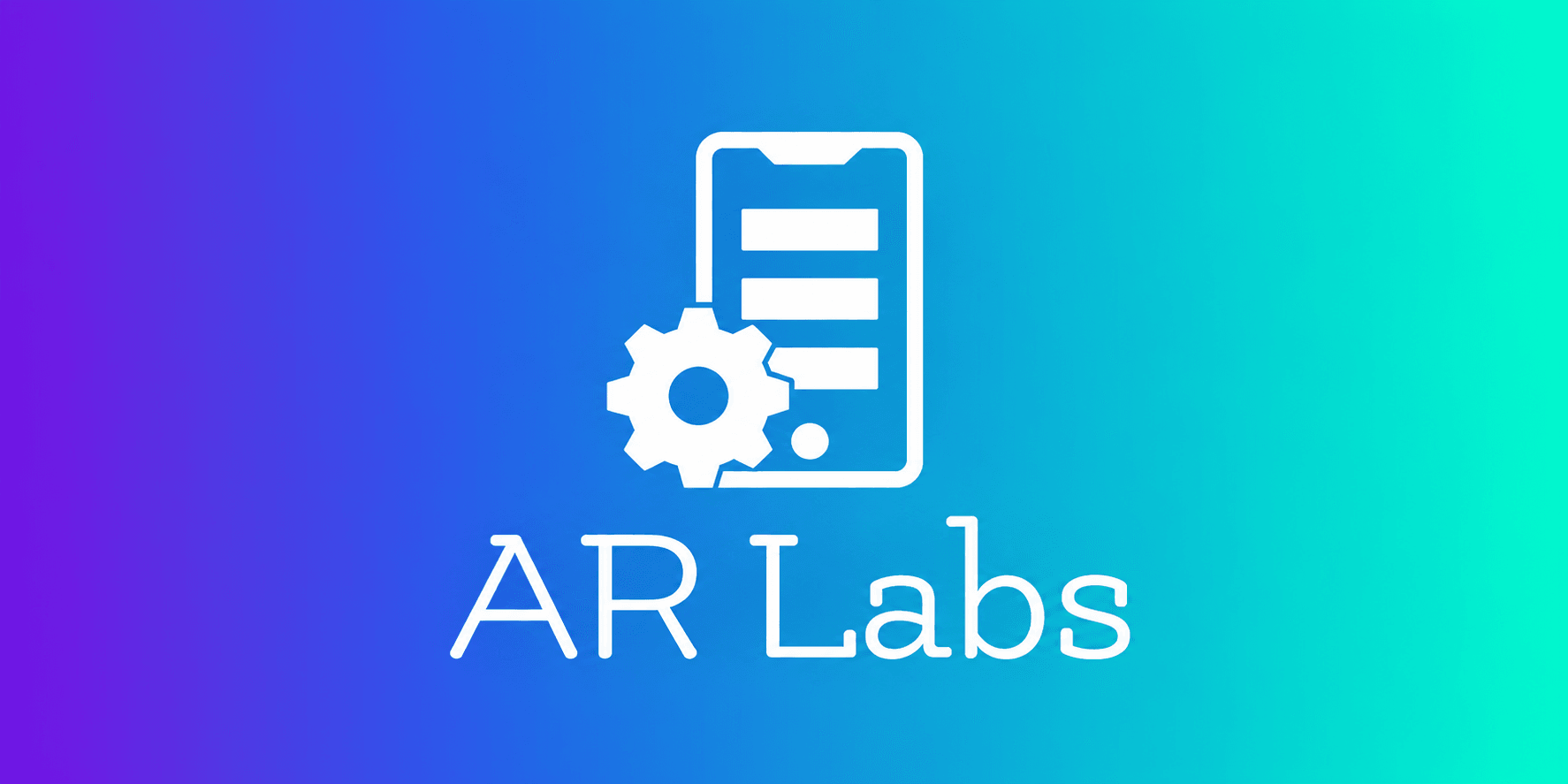 Logo for AR Labs featuring a phone graphic and a gear symbol on a gradient background