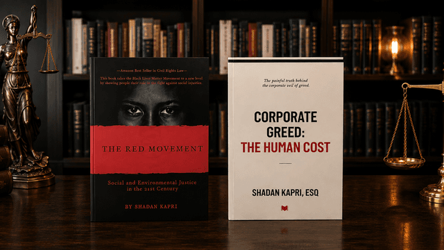 Two books on a wooden table with shelves of books in the background