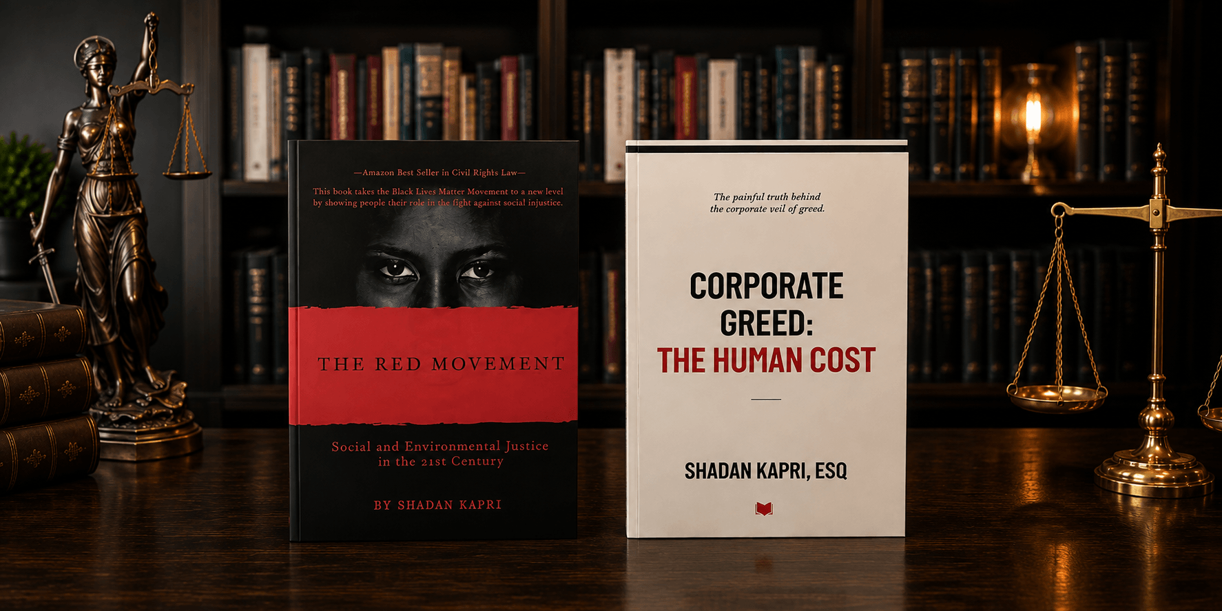 Two books on a wooden table with shelves of books in the background