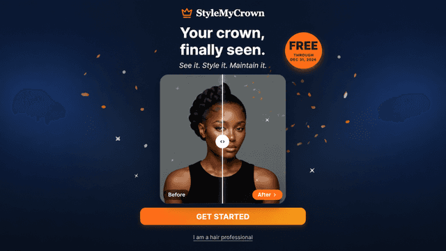 Promotional image for StyleMyCrown showcasing a hair transformation with a before-and-after slider