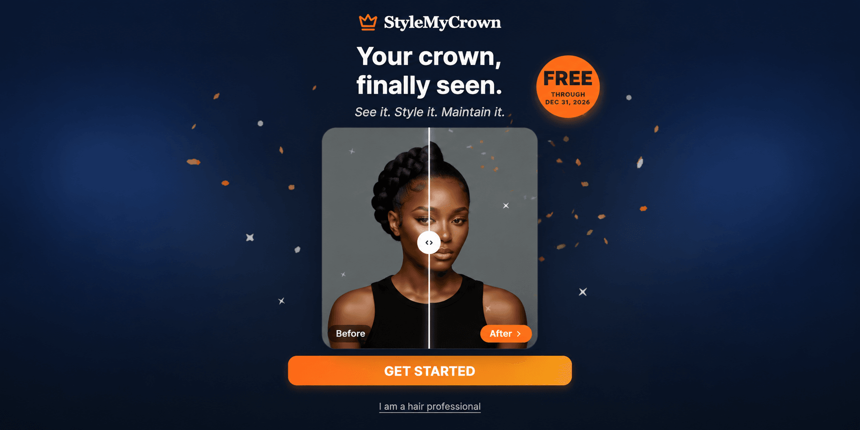 Promotional image for StyleMyCrown showcasing a hair transformation with a before-and-after slider