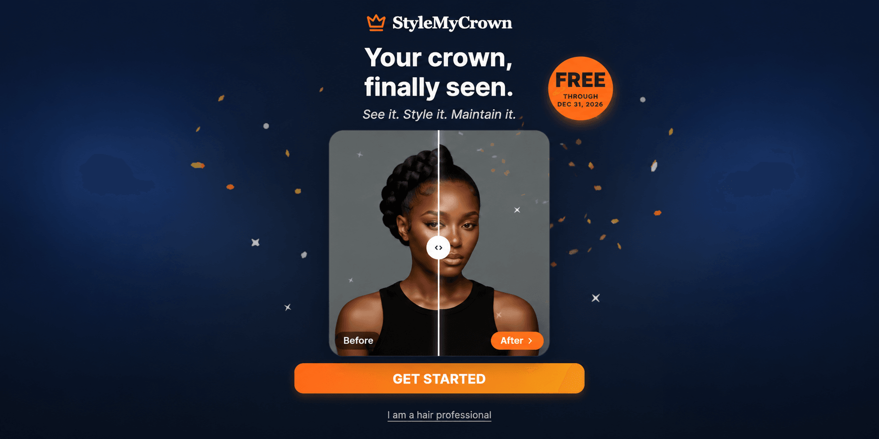 Promotional image for StyleMyCrown showcasing a hair transformation with a before-and-after slider