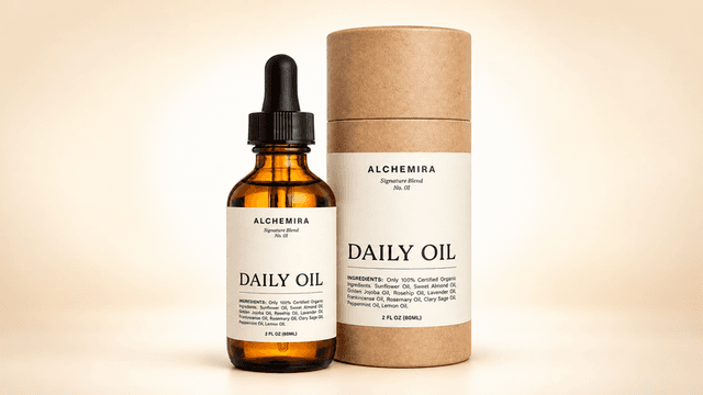 Amber glass bottle and tube with Daily Oil label from Alchemira, minimal design