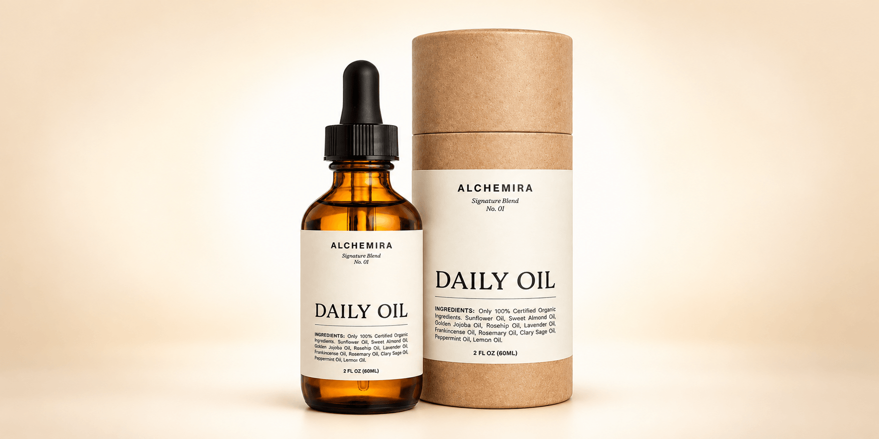 Amber glass bottle and tube with Daily Oil label from Alchemira, minimal design