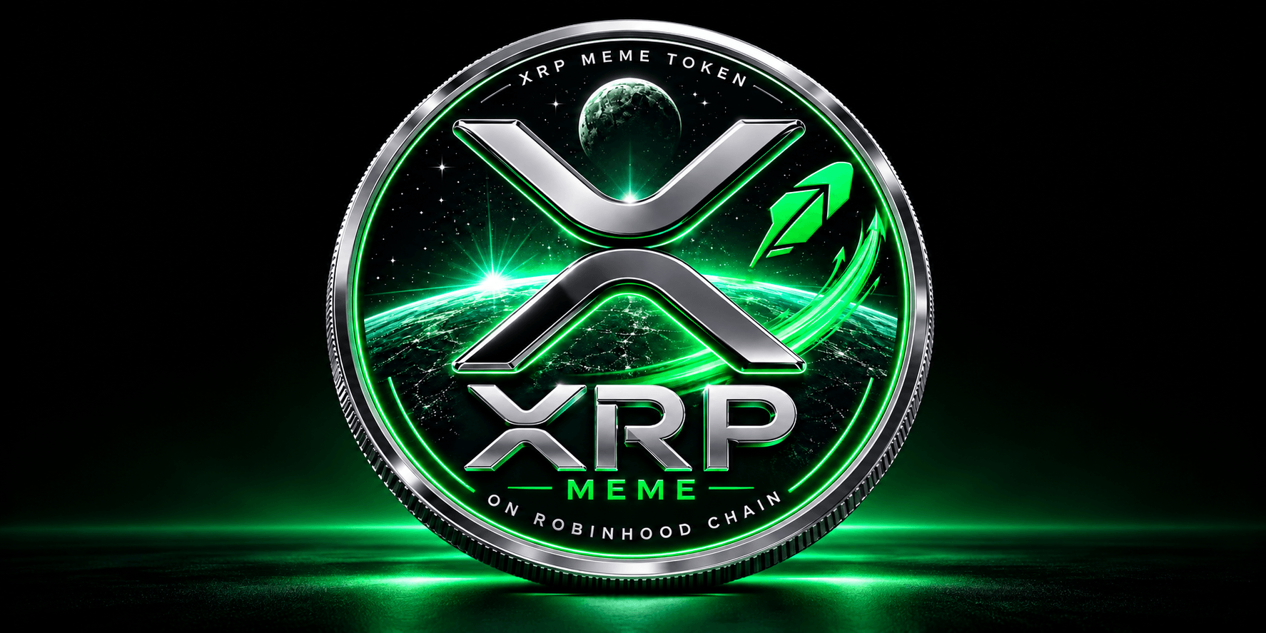 XRP meme token logo featuring a planet and cosmic elements on a dark background