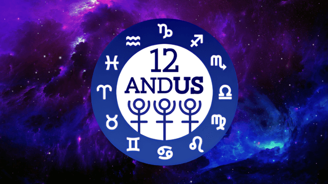 A circular design featuring zodiac signs and the text "12 Andus" on a cosmic background