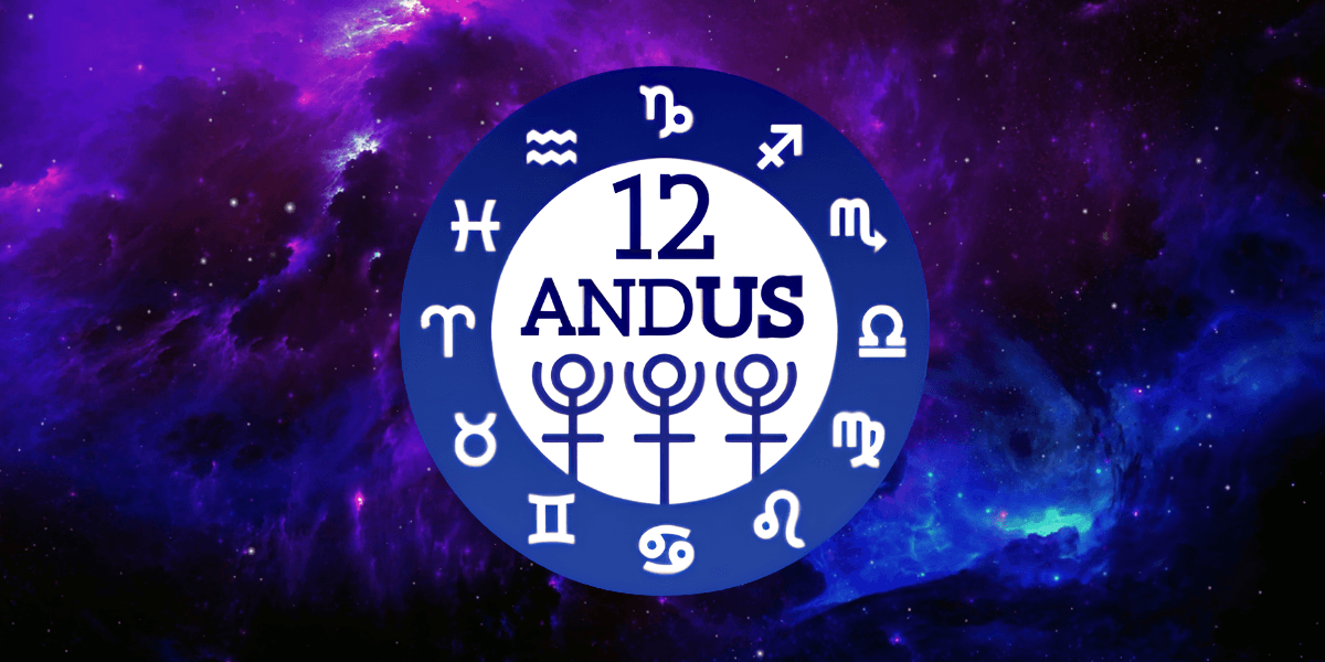 A circular design featuring zodiac signs and the text "12 Andus" on a cosmic background
