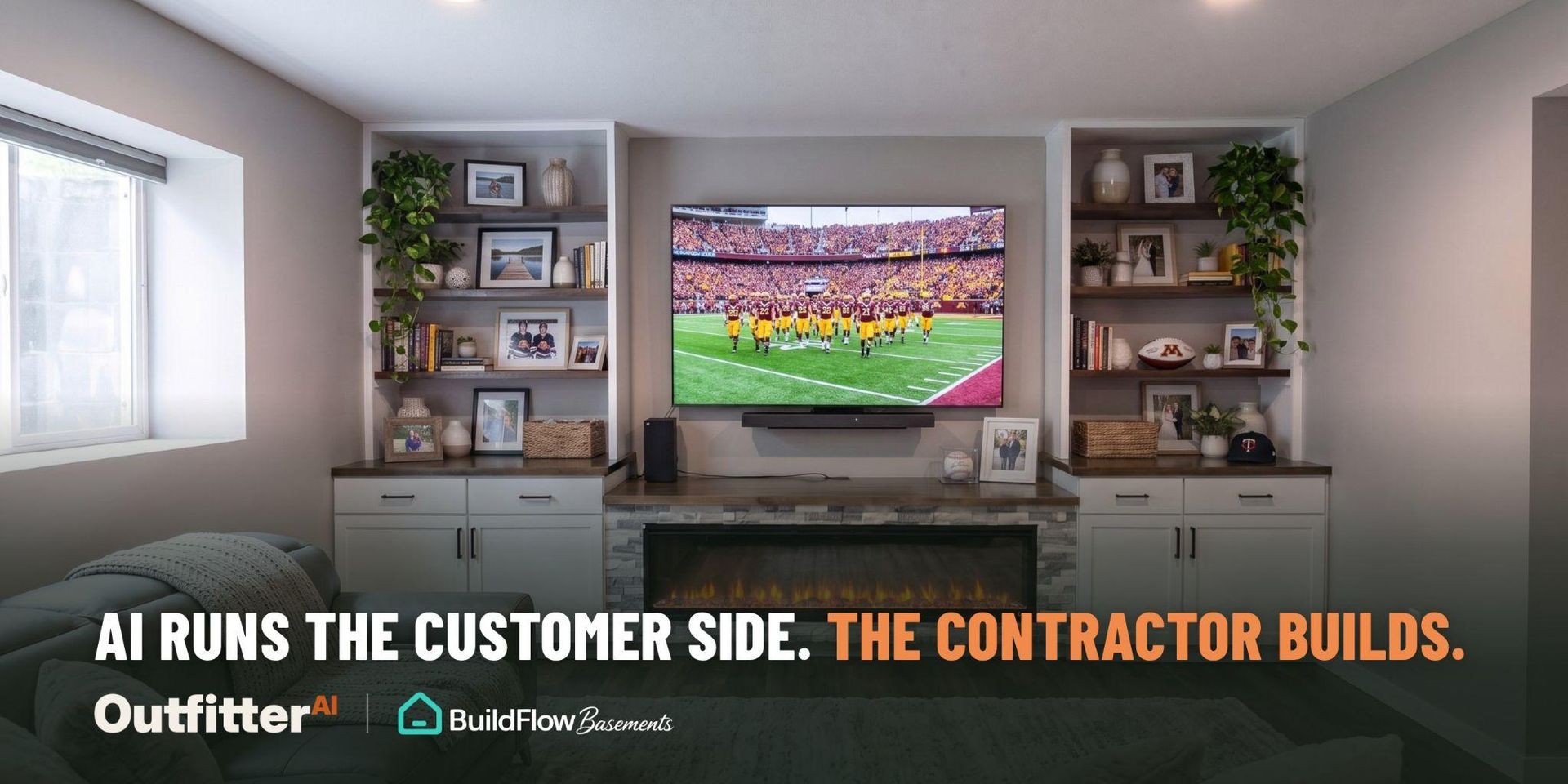 Living room featuring a modern TV setup, showcasing a sports event on screen.