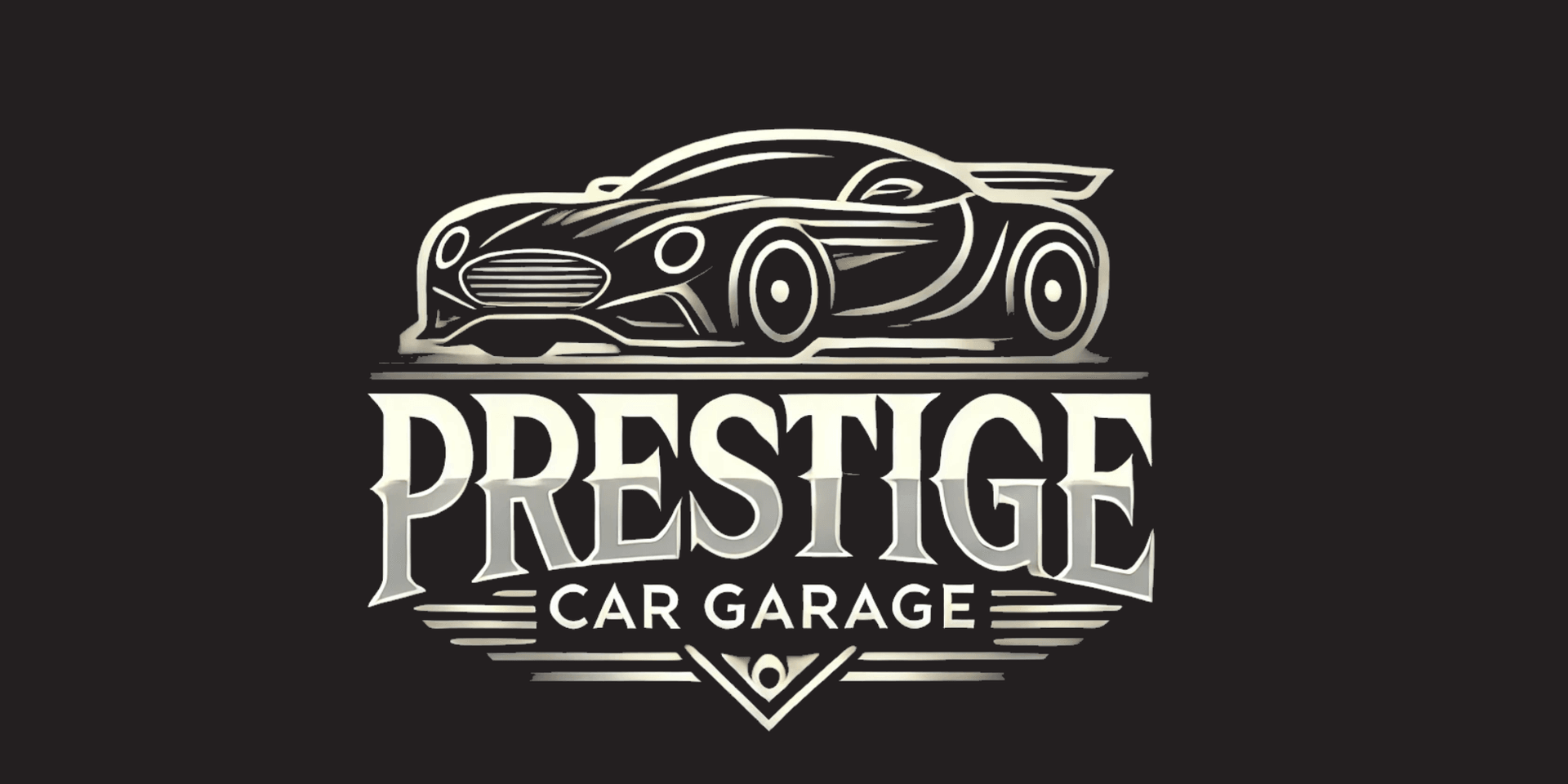 Logo design featuring a stylish sports car and the text "Prestige Car Garage"