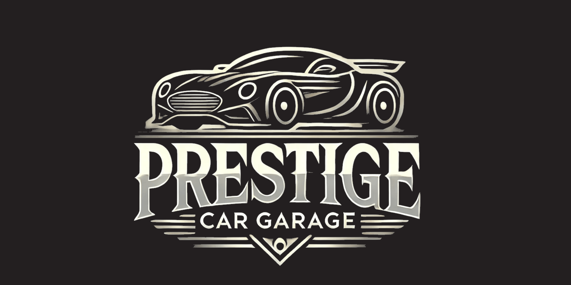Logo design featuring a stylish sports car and the text "Prestige Car Garage"