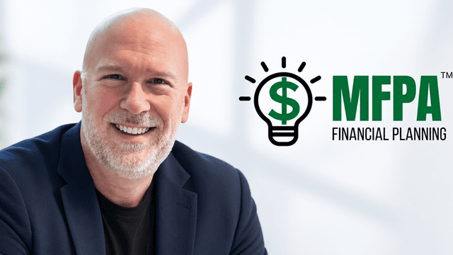 Smiling man in a blazer promoting MFPA financial planning with logo beside him