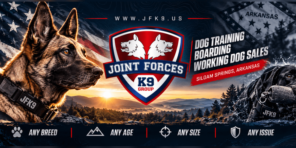 Promotional banner for Joint Forces K9 Group offering dog training and boarding services
