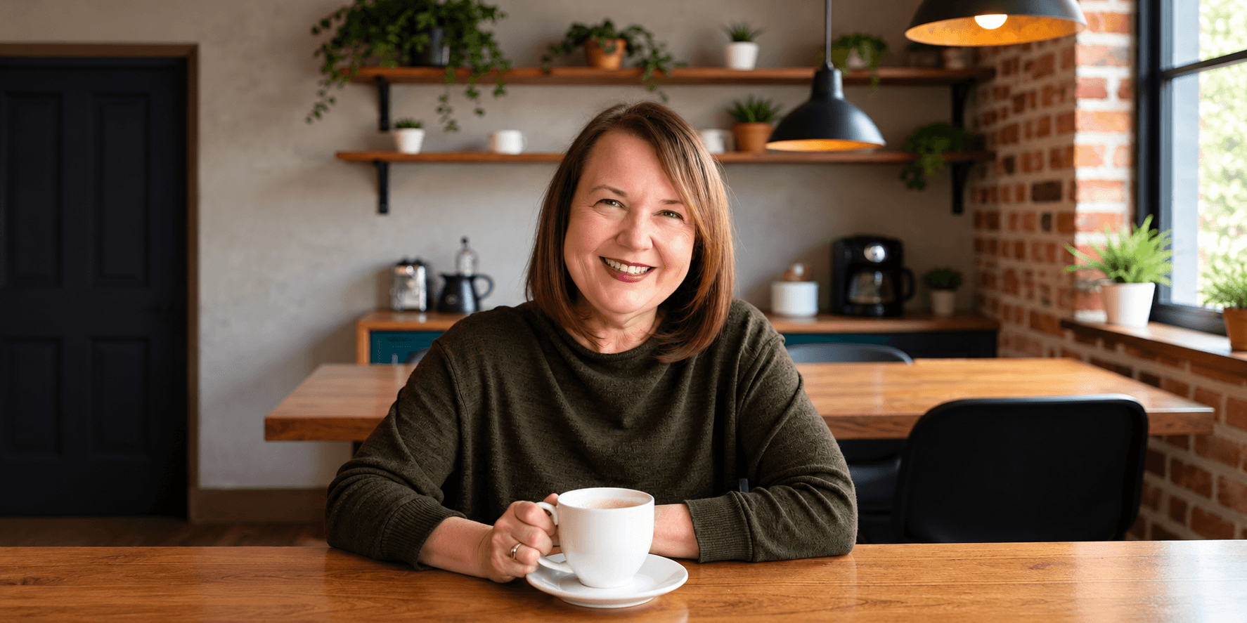Woman smiling at a wooden table holding a cup in a cozy cafe setting