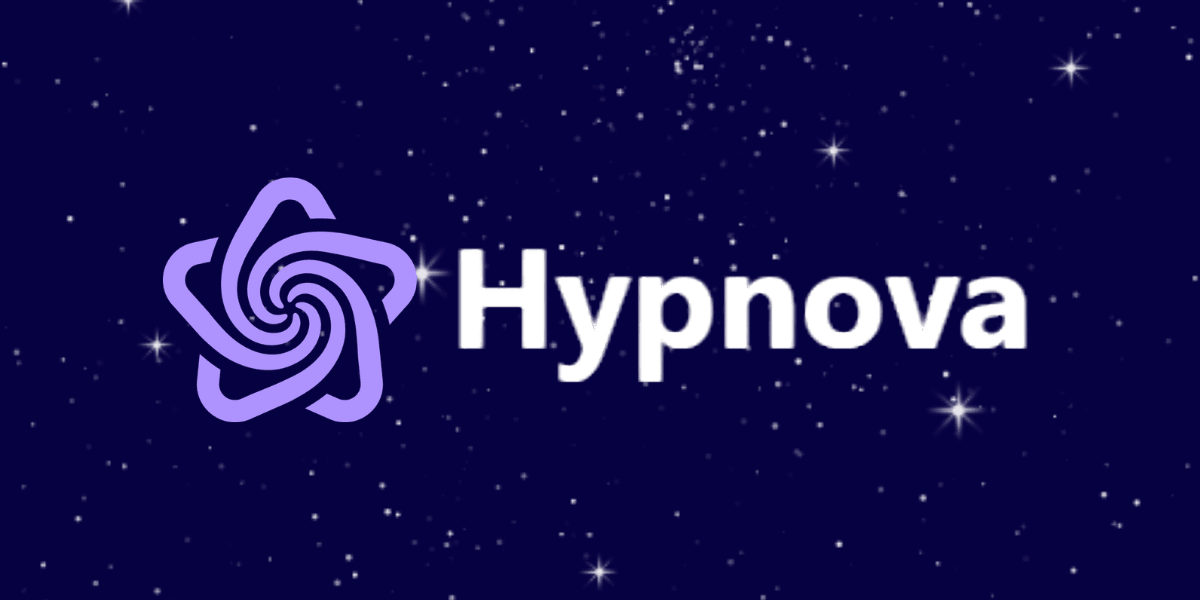 Logo of Hypnova with a spiral design against a starry background