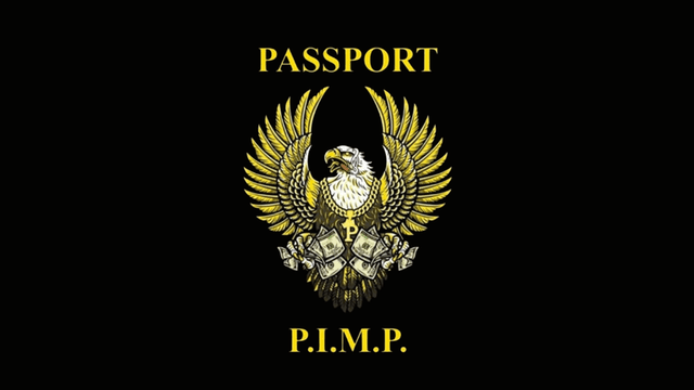 Illustration of an eagle with wings, surrounded by money, labeled "Passport P.I.M.P."