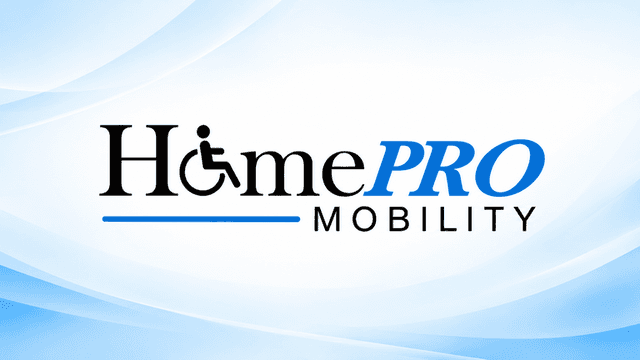 Logo of HomePro Mobility with a wheelchair symbol on a blue gradient background