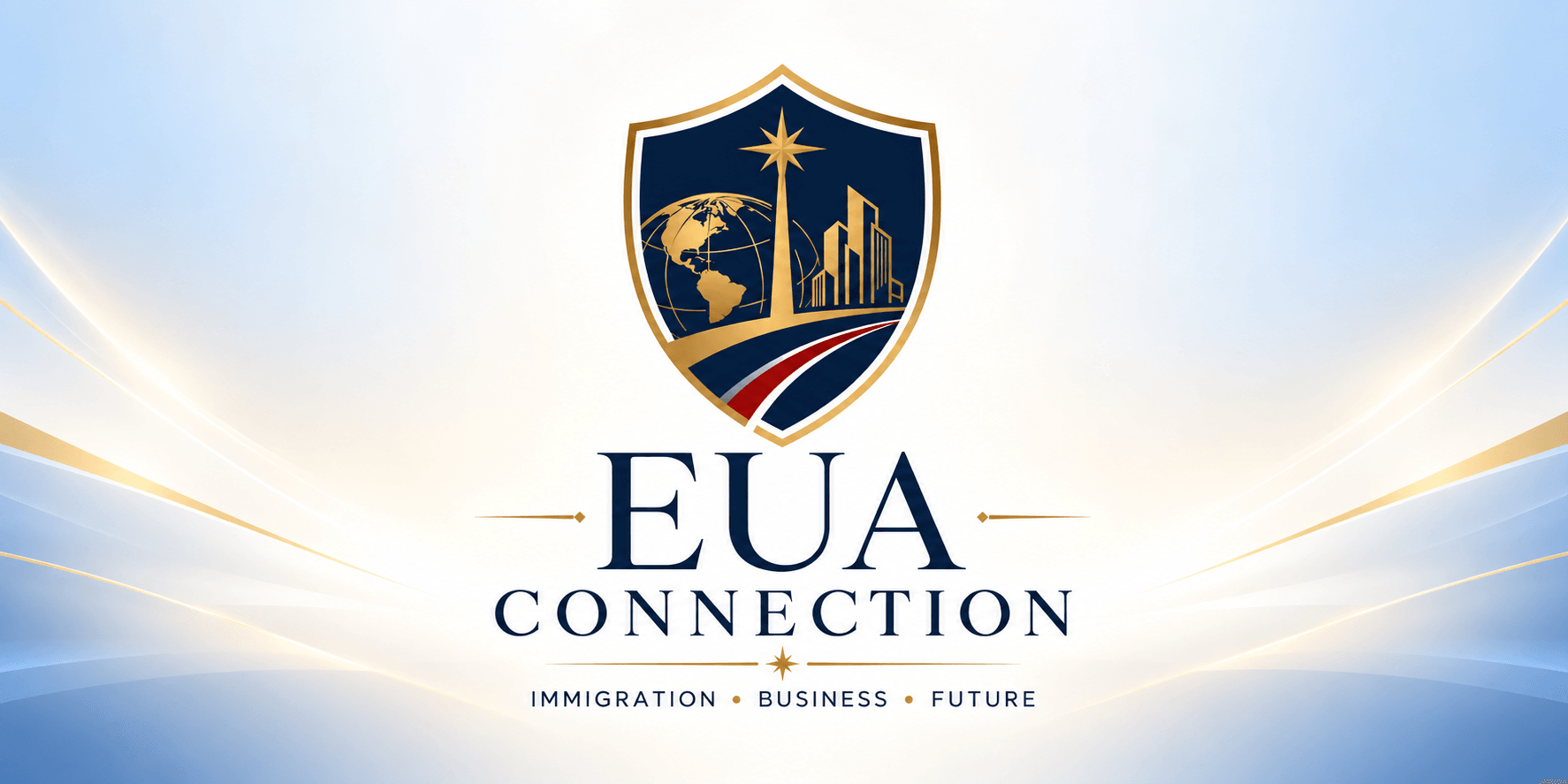 Logo for EUA Connection featuring a shield design and themes of immigration and business