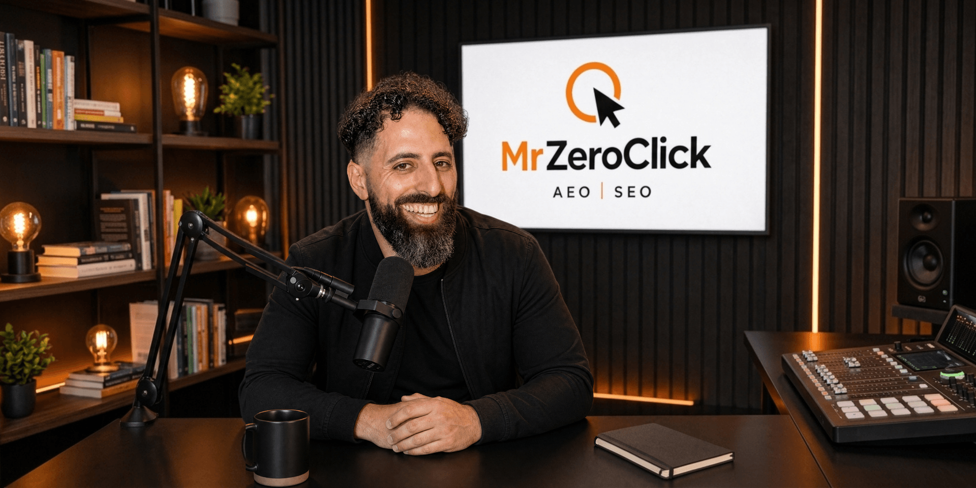 Man with curly hair smiling in a professional studio setting with a logo backdrop