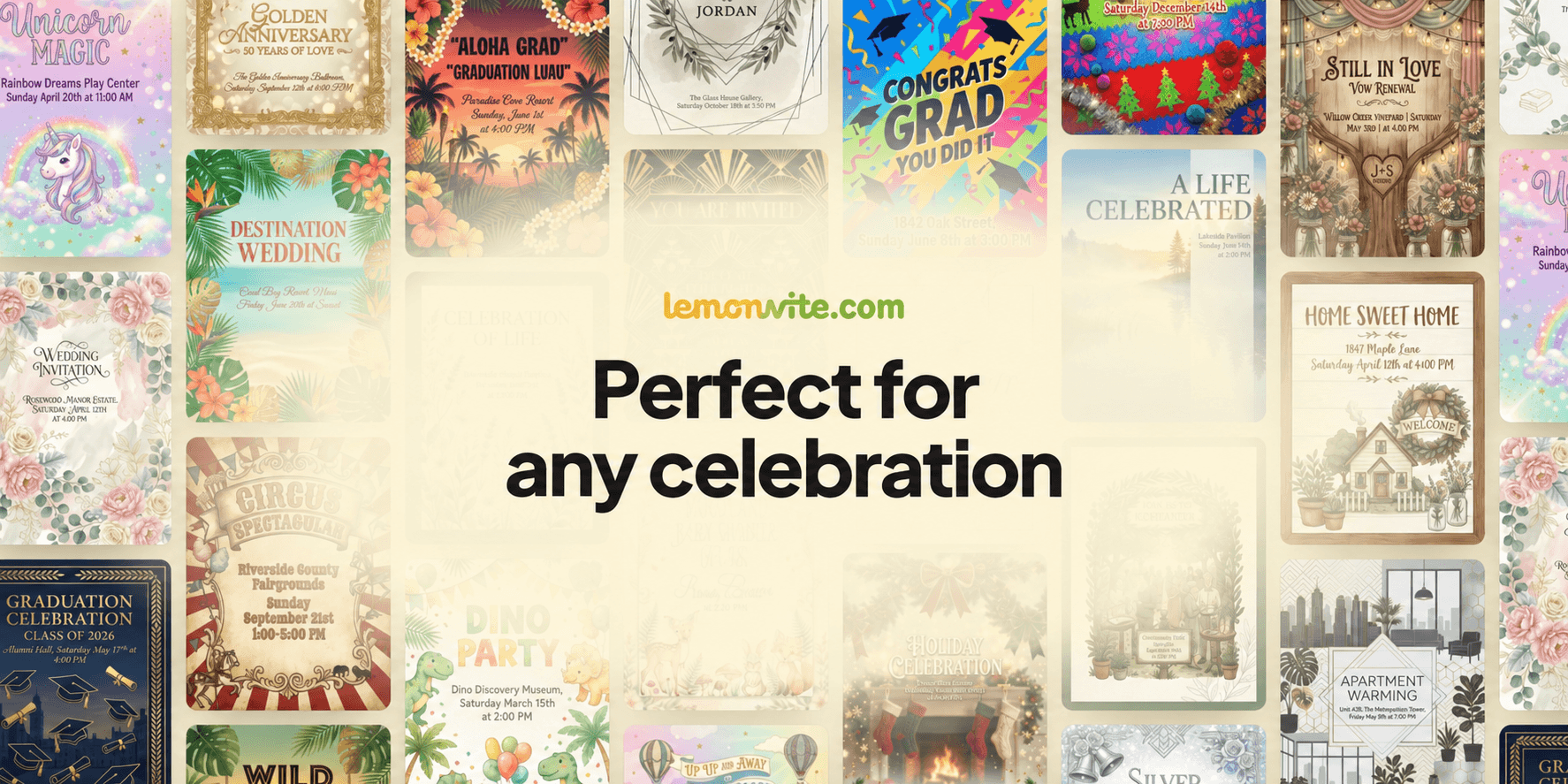Collage of colorful celebration invitations for various events like graduations and weddings