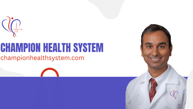 Logo of Champion Health System with a smiling doctor in a white coat
