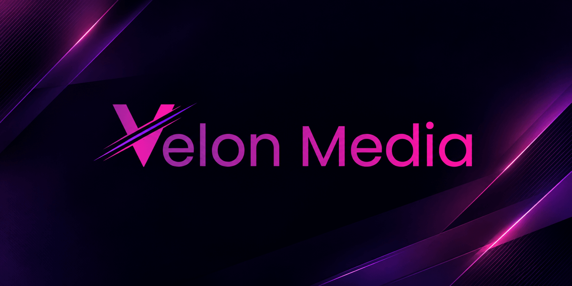 Logo of Velon Media in pink on a dark background with abstract geometric designs