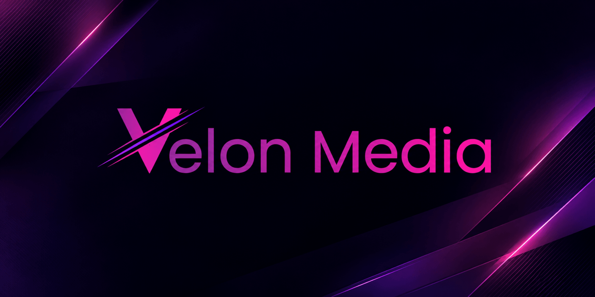 Logo of Velon Media in pink on a dark background with abstract geometric designs