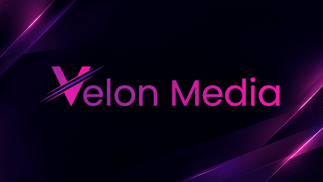 Logo of Velon Media in pink on a dark background with abstract geometric designs