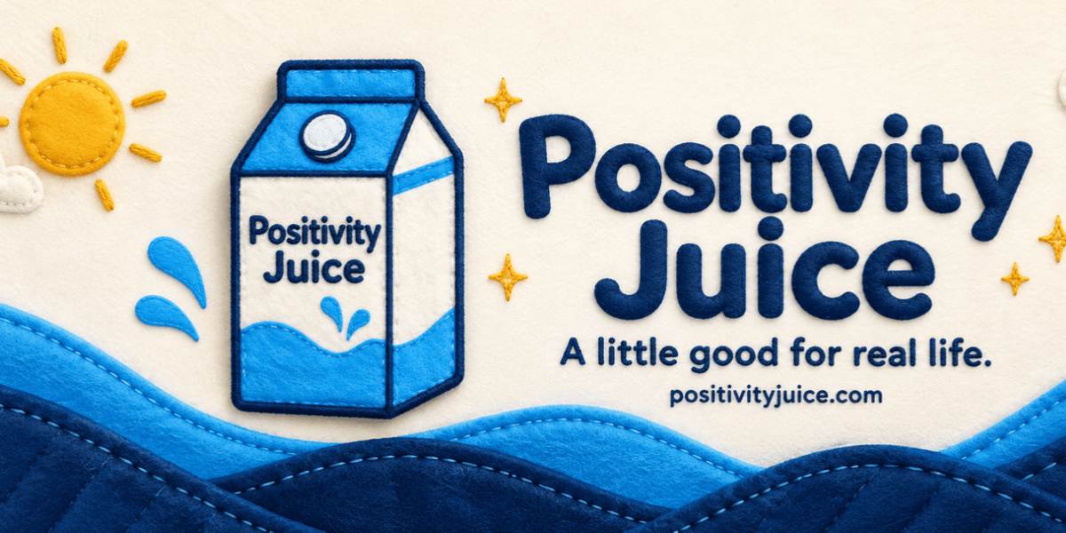 Colorful logo for Positivity Juice featuring a milk carton and waves design