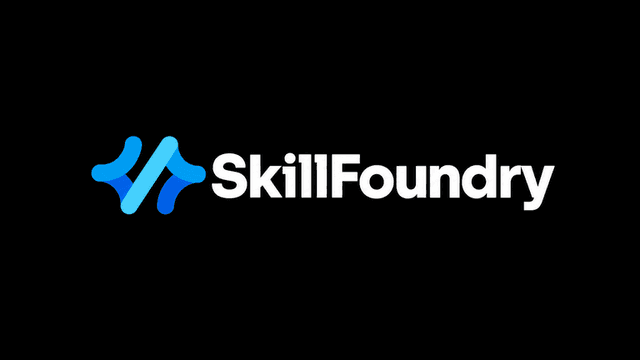 Logo of SkillFoundry featuring blue and white stylized text on a black background