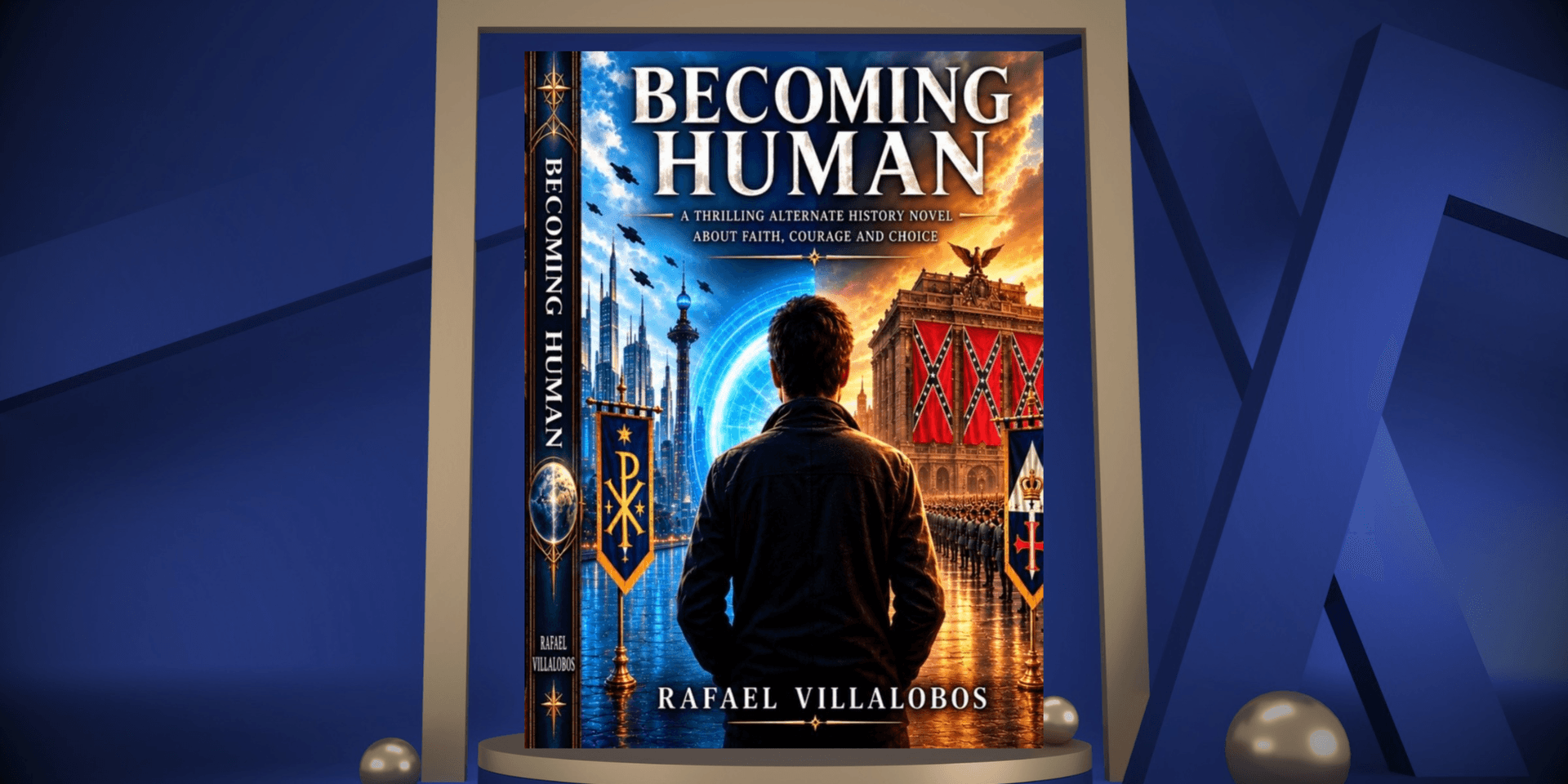 Book cover of "Becoming Human" by Rafael Villalobos featuring a dramatic cityscape backdrop