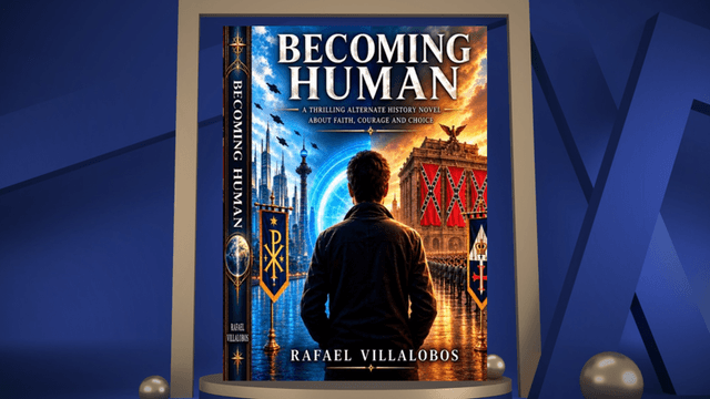 Book cover of "Becoming Human" by Rafael Villalobos featuring a dramatic cityscape backdrop