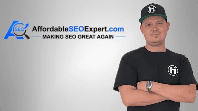 Man in a black t-shirt and cap stands confidently beside an SEO company logo