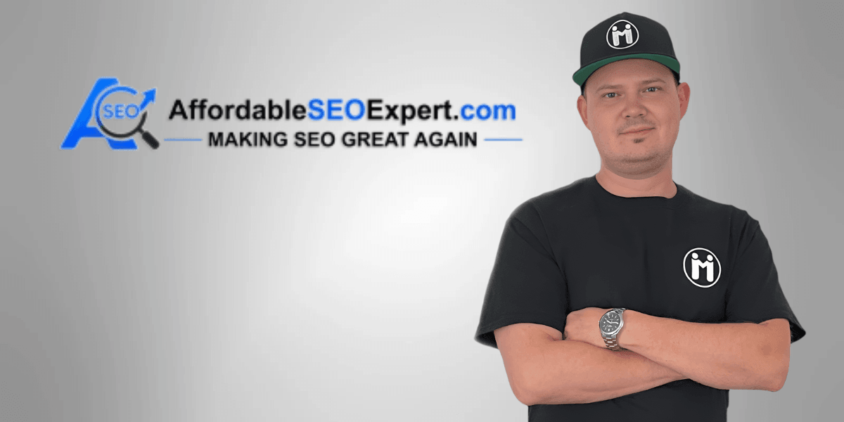 Man in a black t-shirt and cap stands confidently beside an SEO company logo