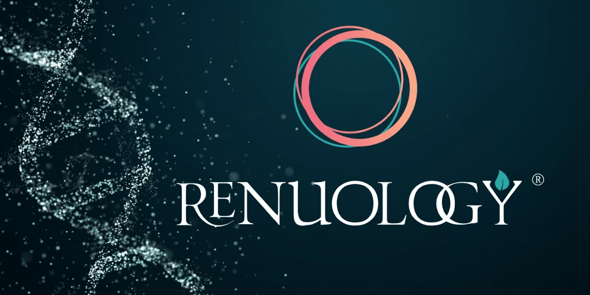 Logo of Renuology with a colorful circular design and a DNA strand background