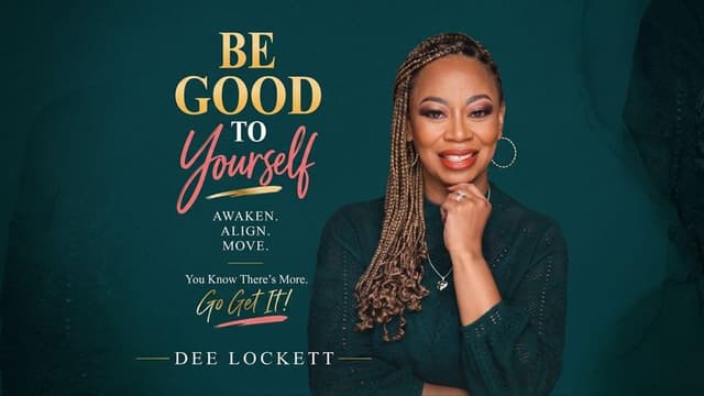 Woman with braided hair smiling, promoting self-care with motivational text and her name